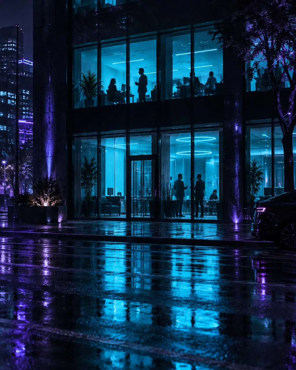 Glass storefront at night glowing cyan with people inside