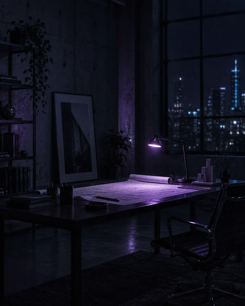 Dark studio at night with a blueprint lit by a purple desk lamp